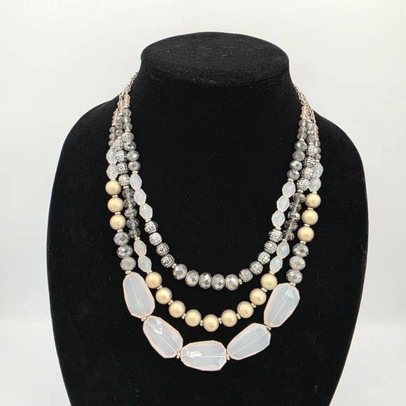RubyRd Womens Multi Strand Silver Tone White Gold Beaded‎ Chain Necklace  28" - Picture 1 of 8